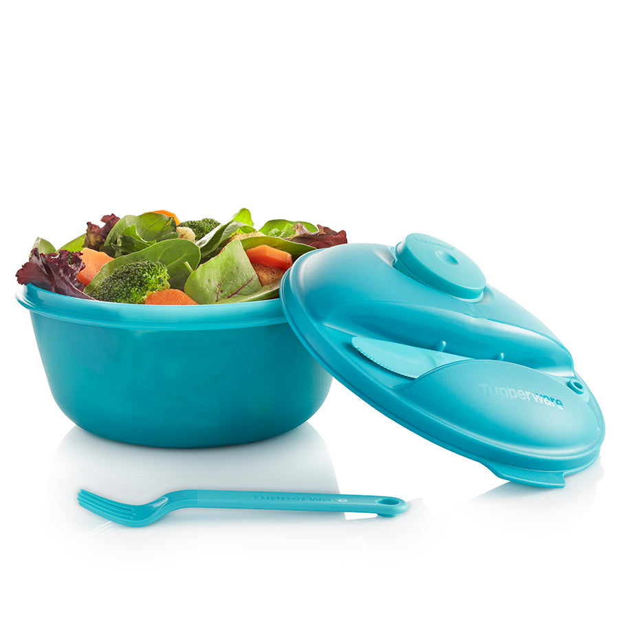 Tupperware Salad on the Go Set Lunch Keeper 6.25 Cup Bowl, Fork, Knife and  Midget Blue Green